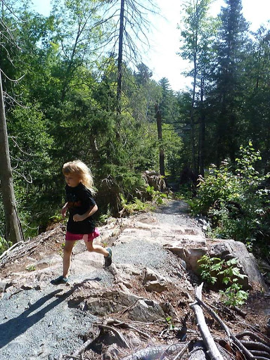 A young girl is running over some rocks. They are in the woods and there are trees in the background.